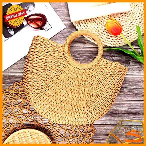 Handmade Straw Tote Bag Rattan Woven Handbag Travel Beach Bag - Picture 6 of 7